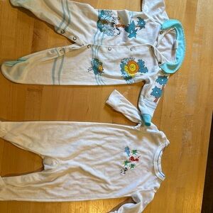 Vintage White Baby Footed Pajamas Set with Aqua Trim and Sunny Print